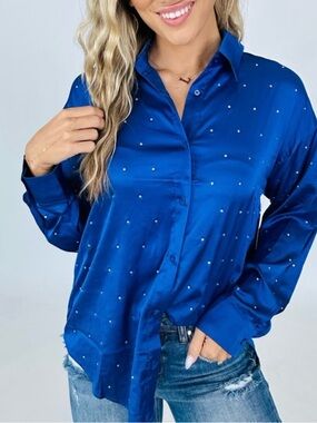 GeeGee Blue Satin Plus 2XL Button-Down Shirt with Rhinestones NWOT